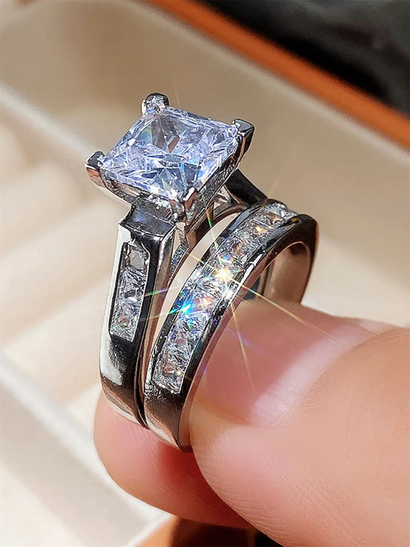 2PC/Set Fashion Beautiful Rings Cubic Zirconia Ring Bridal Set Rings Bridal Engagement Ring For Women For Valentine's Day Gift Wedding Anniversary Party Jewelry