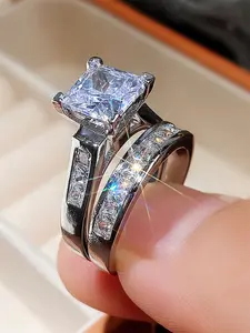 2PC/Set Fashion Cubic Zirconia Ring Bridal Engagement Ring For Women For Valentine's Day Gift Wedding Anniversary Party Jewelry