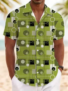 New Summer Men's Short Sleeve Shirt, Vintage Geometric Pattern, Casual Breathable Beach Holiday Hawaiian Shirt, Slim-Fitting