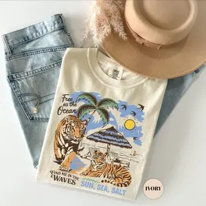 Vintage Tiger Beach T-Shirt, Free as the Ocean Summer Top, Sun Sea Salt Coastal Outfit, Oversized Vacation Clothing, Unisex Wildlife Shirt