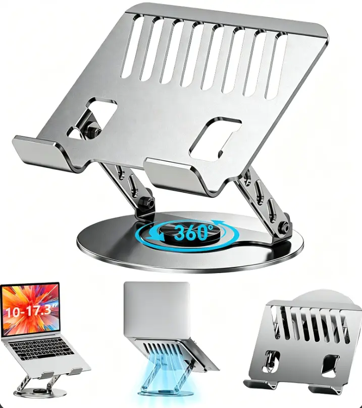 360° Rotatable Carbon Steel Laptop Stand Adjustable Height Ergonomic Laptop Riser Ventilated Cooling Notebook Holder Silicone Anti-Slip Support Fits 10-17.3 Inch MacBook iPad Laptops Office Home Gaming Work Neck Back Posture Relief rack