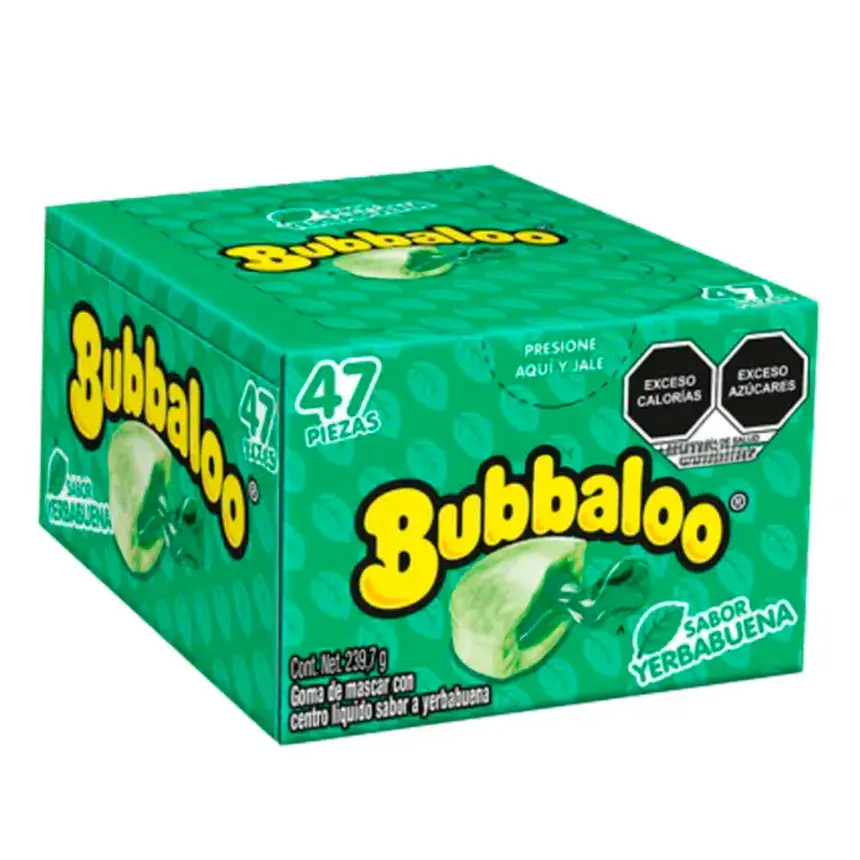 Bubbaloo Yerbabuena Chewing Bubble Gum with Liquid Filled Center, Box of 47 Pieces, Mexican Candy, Dulces Mexicanos Sweet Party