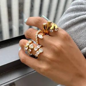 Dainty 18K Gold Plated Zirconia Ring, Unique Small Crowd Designer Hand Jewelry, Chic Promise Gift for Her