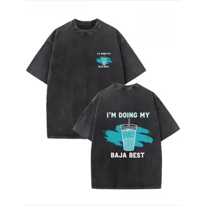 Men's Short-Sleeve T-Shirt - Menswear Top, 1pc 230G Washed Vintage Y2K Retro Style, Baja Blast Pattern "I'M DOING MY BAJA BEST", Round Neck Soft Summer Street Style