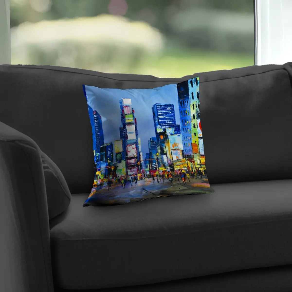 360 Stand 14x14 in Orange Poly Twill Pillow with Polyester Insert, Durable Urban Life Design Featuring Times Square Vibrant Energy, Model C1PT1414I616J3, 14-Inch Standard Pillows, Cityscape, Print, Accent, Iconic Landmarks, Room Decor