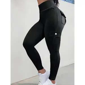 ��Plus Size�� Button Pocket High Waist Leggings, Casual Comfy Skinny Pants, Summer Leggings with Pockets, Women's Bottoms for Daily Wear Fit Black Can be used with raincoat