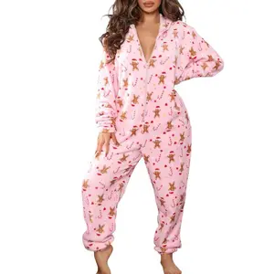 ChristmasHoodedJumpsuitforWomenZipperFleecePjsFamilyHolidayAdultCozyPajamasSleepwear
