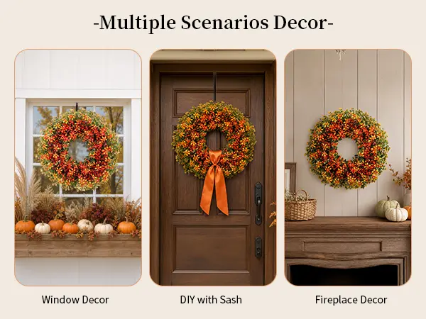Thanksgiving Fall Wreath with Berries & Leaves, Hook Included, Festive Home Decor for Porch Wall, Room Decor