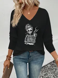 Women's V Neck Long Sleeve Vintage Halloween Skull Print T-Shirt, Casual Loose-Fitting Top, Fashionable Daily Wear, Fall & Winter