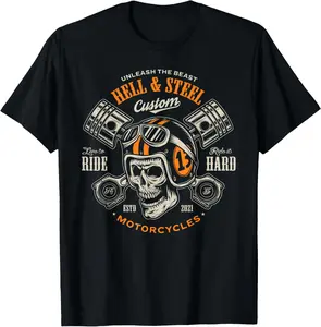 100% Cotton Unisex Motorcycle Skull and Piston Crossbones for Men Biker T-Shirt