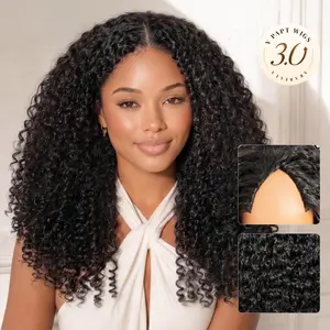 [Upgraded] Arabella V-Part Wig Invisible Strap Burmese Curly Virgin Human Hair Natural Black Real Hairline Scalp Protection Beginner Fridnely No Glue