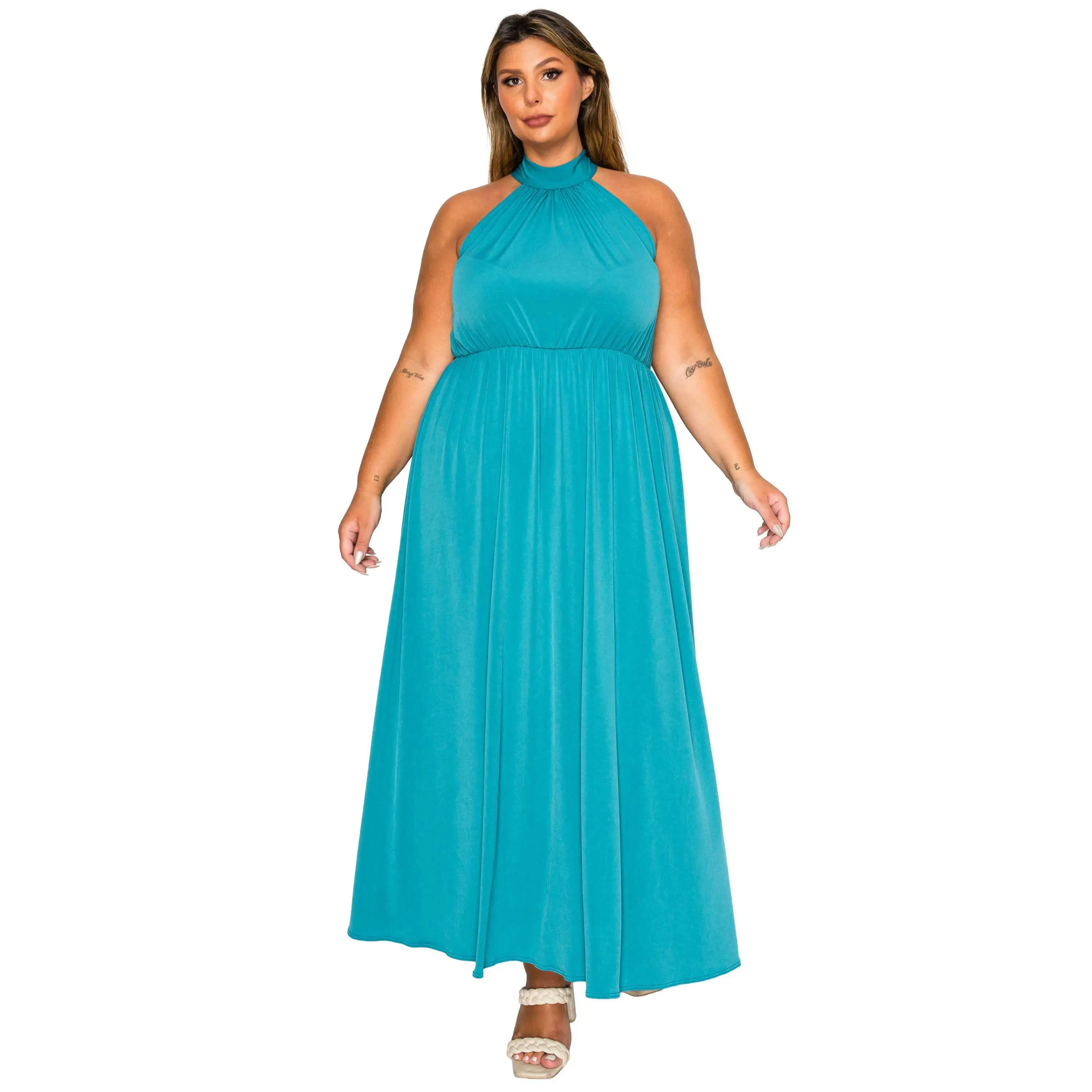 Plus Size L I V D Cassia Halter Neck Maxi Dress - USA Made, Elastic Waist,  Back Keyhole, Polyester & Spandex, Casual Summer Womenswear