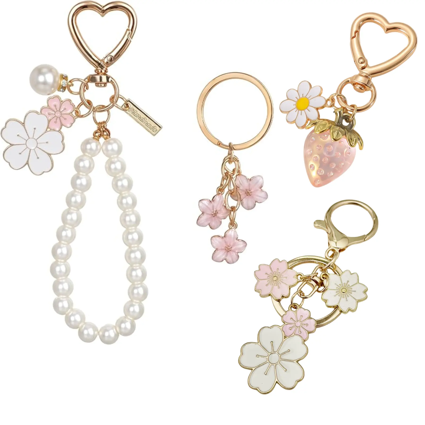 4Pcs Cute Pearl Keychains for Women, Flower Keychain Kit Imitation Pearl Chain Key Chain Golden Car Key Chain Flower Keychain Charm for Girls Purse Bag Accessories