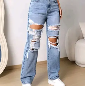 Zipper Fly Ripped Straight Leg Jeans High Waist Comfortable Everyday