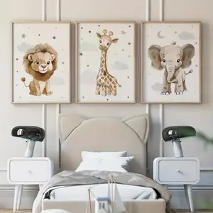 3 Pieces Giraffe Elephant Leopard Jungle Animal Art, Safari Wall Mural, Natural Exploration Home Art, Kids Gallery Decor, Soft Tone Painting, Wall Decor for Kids Room and Nursery, Framed or Unframed.