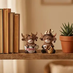 Hand-Painted Scottish Highland Cow Statue - Resin Ornament with Plaid Hat & Coffee Mug, Sitting Cow with Coffee Beans, Vintage Scottish Theme Decor for Home, Office, Or Gifts (christmas, Halloween, Easter) - Cow Lover Gift