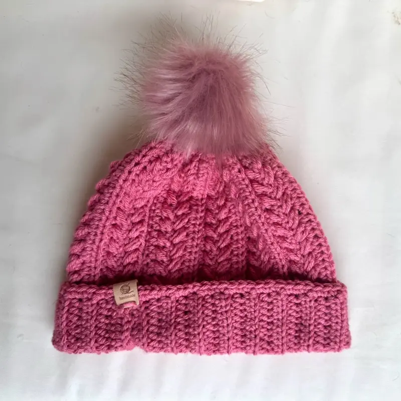 Cozy Textured Beanie with Faux Fur Pom Pom in Vibrant Pink for Winter Comfort