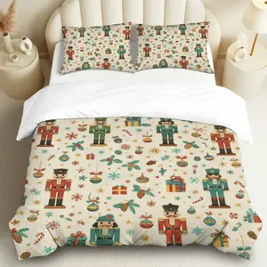 3PCS Duvet Cover Set, 1 Duvet+2 Pillowcases(Without filler), Nutcracker Snowflake Gift Pinecone Ornament theme, Christmas bedding set, Holiday Cheer Festive Home Decor Cozy Bedroom Guest Room Hotel.