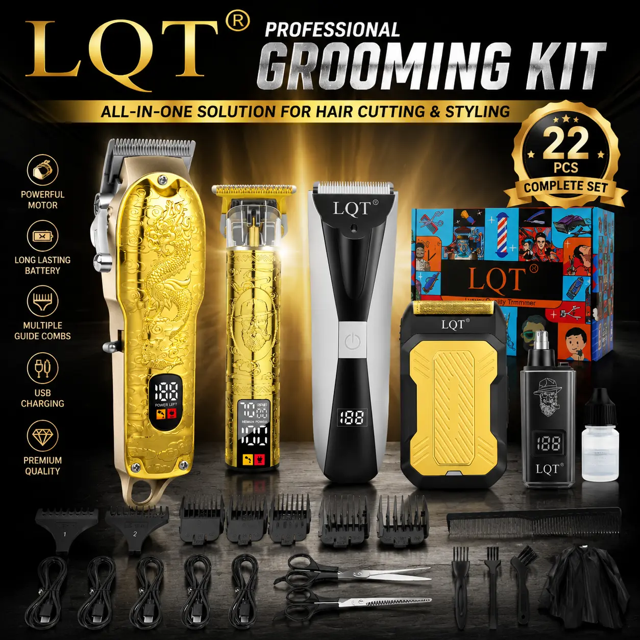 Men's Salon-Style 3-Piece Haircut Full Set, USB Rechargeable Portable Cordless Hair Trimmer with Fully Adjustable Lightweight Accessories, Vintage Luxury Gift Option