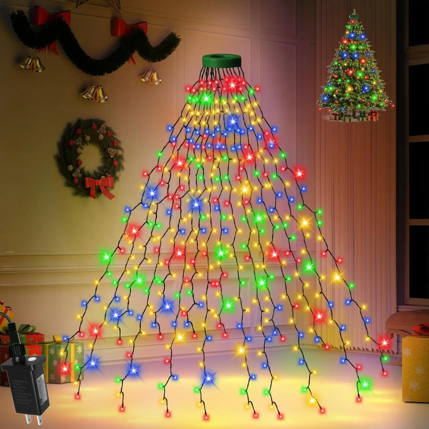 Christmas Tree Lights Indoor 280 LED Christmas Lights for Tree Twinkle Timer 8 Modes Waterproof 6.6FT x 16 Lines for Christmas Decorations Outdoor with Memory Function, Multicolor