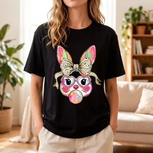 LORA ATCHER Coquette Bow Bunny Ears T-Shirt Cute Easter Bunny Graphic Tee Happy Easter Day Gift 100% Premium Cotton Flattering Comfy Trendy Versatile Durable Easy Care Casual Cotton Womenswear Anniversary Check Comfy
