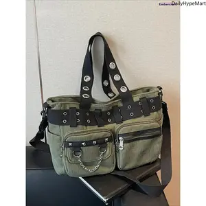 Punk Studded Multi-Pocket Leather Crossbody Bag - Chain-Detail Purse