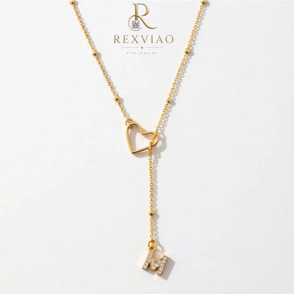 Rexviao Stylish Open-Heart Initial Necklace with Cubic Zirconia (26 Letters) for Women | Y-Lariat Style | Seed Bead Accents | Ideal Gift for Mom