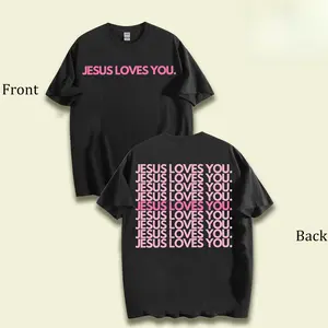 Unisex 230GSM Washed T-Shirt - "Jesus Loves You" Religious Pattern, Pink/Green Double-Sided Print, Crew Neck Church/Casual Wear Machine Washable Gift