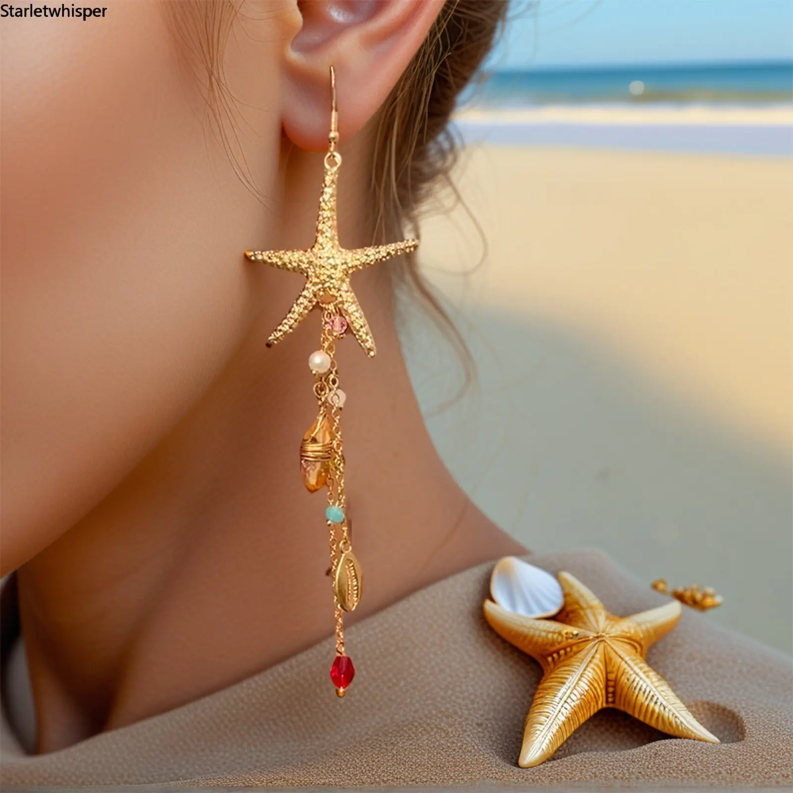 Boho Starfish & Jellyfish Dangle Earrings, Alloy with Crystal Tassel Design, Fashion Beach Vacation Jewelry for Women, Trendy Lightweight Statement Earrings for Summer & Daily Wear