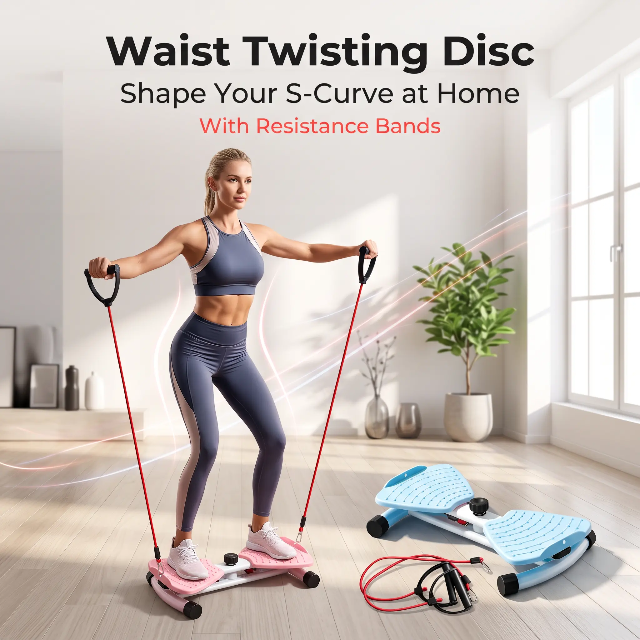 Waist Twisting Disc with Resistance Bands, Ab Twist Board Exercise Machine, Portable Home Fitness Trainer for Leg Waist Hip Body Shaping