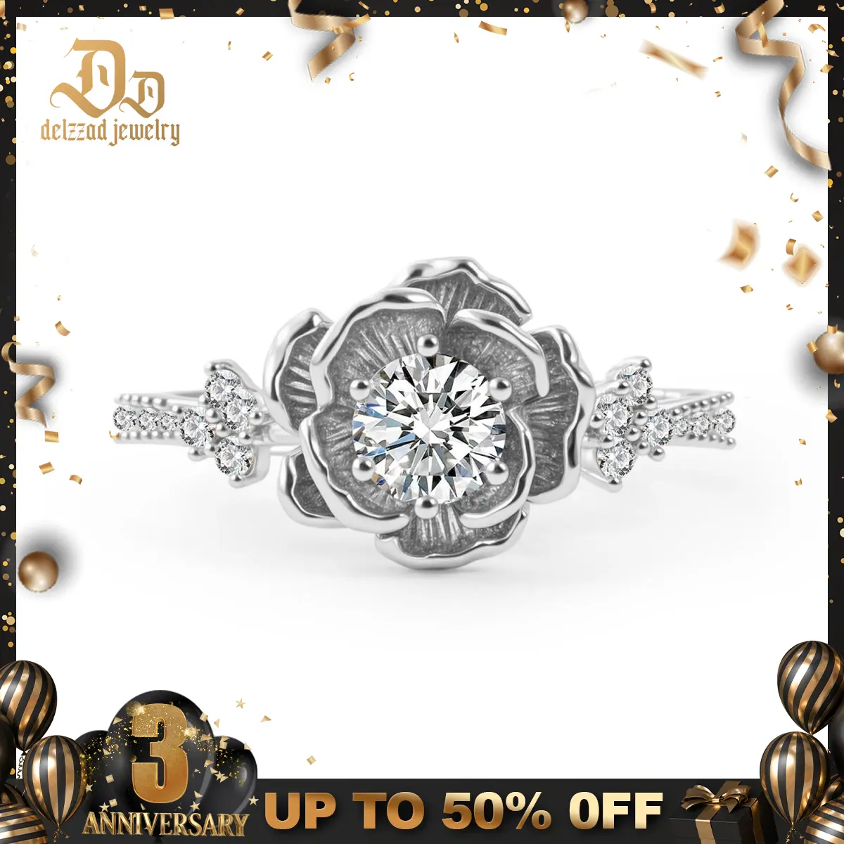 Delzzad 14K Gold-Plated 0.6ct Vintage Rose Engagement Ring Forever Rose Flower Wedding Ring Band D Color VVS Synthetic Moissanite Ring Jewelry Copper Perfect Birthday Engagement Wedding Anniversary Christmas Gift