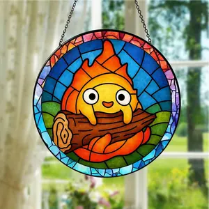 Everything's Ghibli Studio Accessories Store - Anime Lover Fire Stained Glass, Ghibli Fan Suncatcher, Gift For Friends Window Hanging