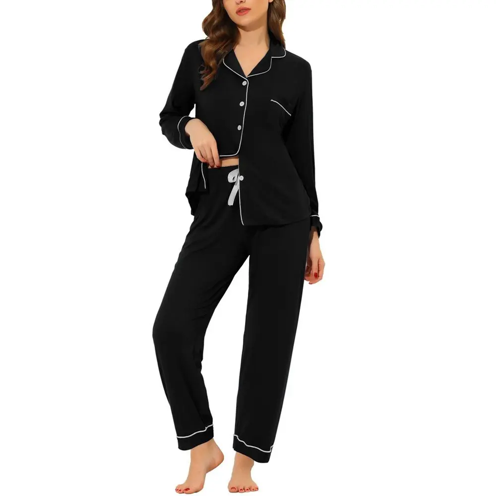 CHEIBEAR Women's Button-Down Sleep Set, A Casual Spandex Knit Garment with Long Sleeves and Pants for All-Day Comfort