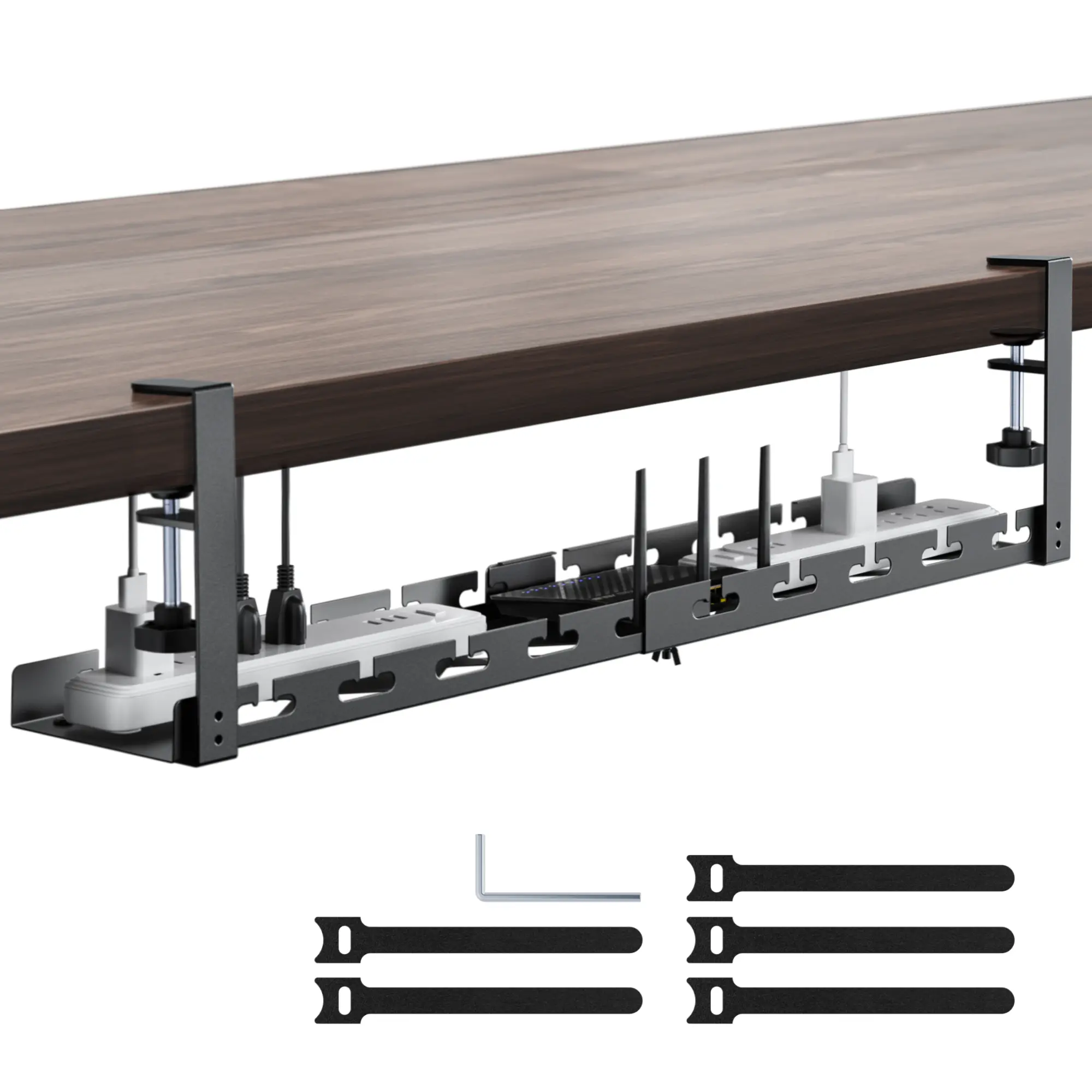 ARES WING Extendable Black Powder-Coated Metal Desk Organizers (17"-28.7"), C-Clamp Secure Attachment, 11 lbs Capacity, Cable Slots, Desktop Cable Holder & Office Supply Organizer for Office Use