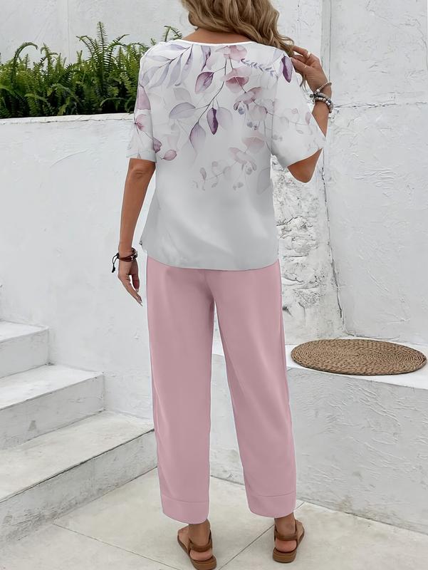 Watercolor Leaf Set Purple Tone Top with Contrast Color & Pink Wide Leg Pants Elegant Casual Two-Piece Set for Everyday Wear
