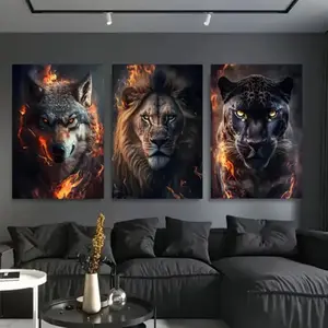 3-Piece Mdf Wall Art Set, Wolf Lion Leopard Animal Portraits with Wooden Frame, Modern Home Decor for Living Room & Bedroom
