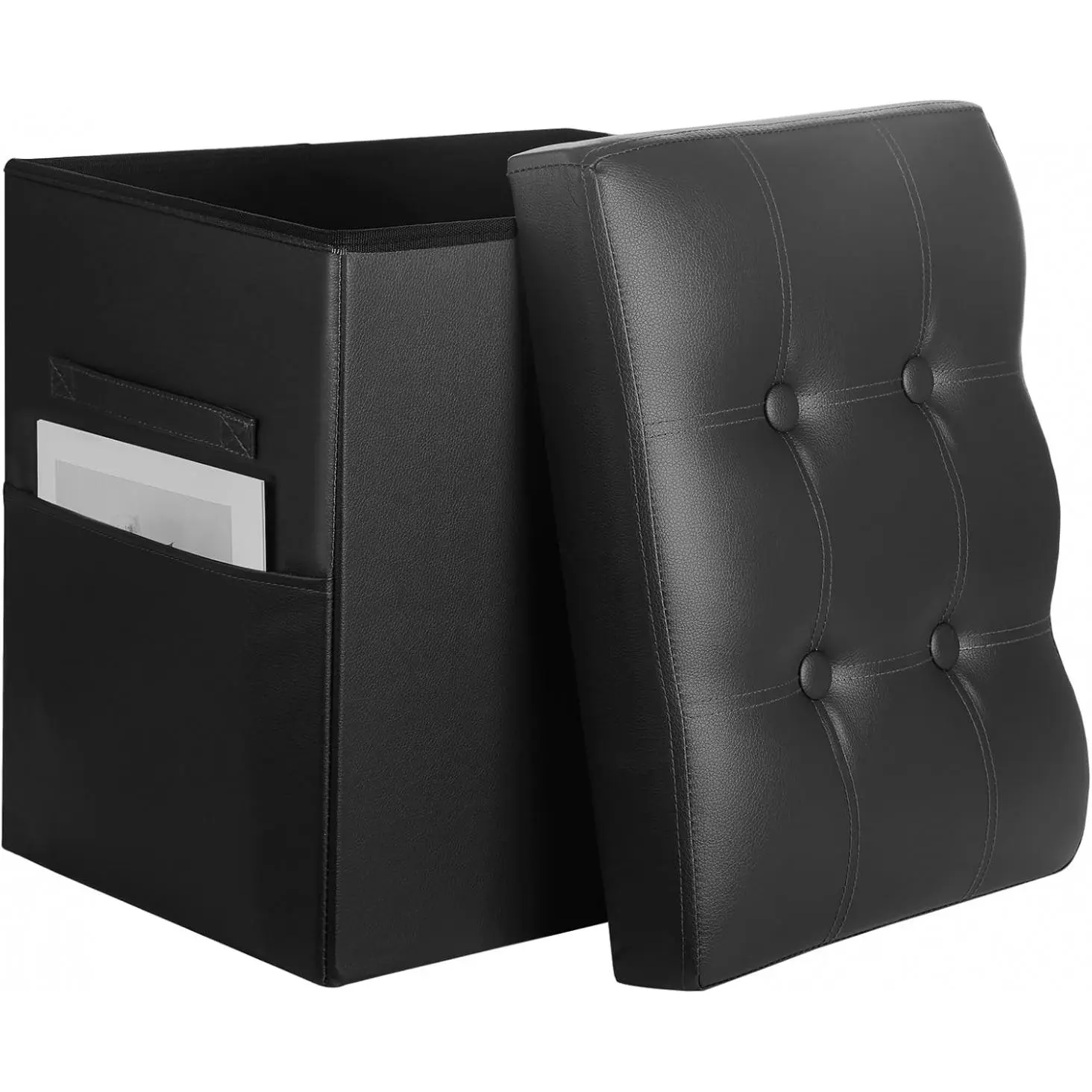 Foldable Foam Storage Ottoman , Slim Tall Folding Leather Small Ottoman with Storage Furniture for Dorm Living Room Bedroom  350 lbs,  Black