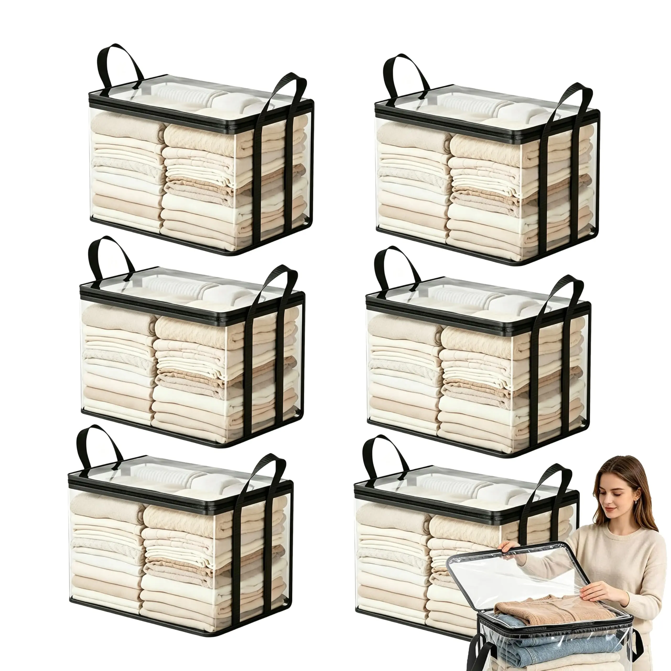 Clear Storage Bins with Handles, 2 Pack Transparent Organizer Baskets for Closet, Bedroom, Bathroom, Pantry & Home Organization