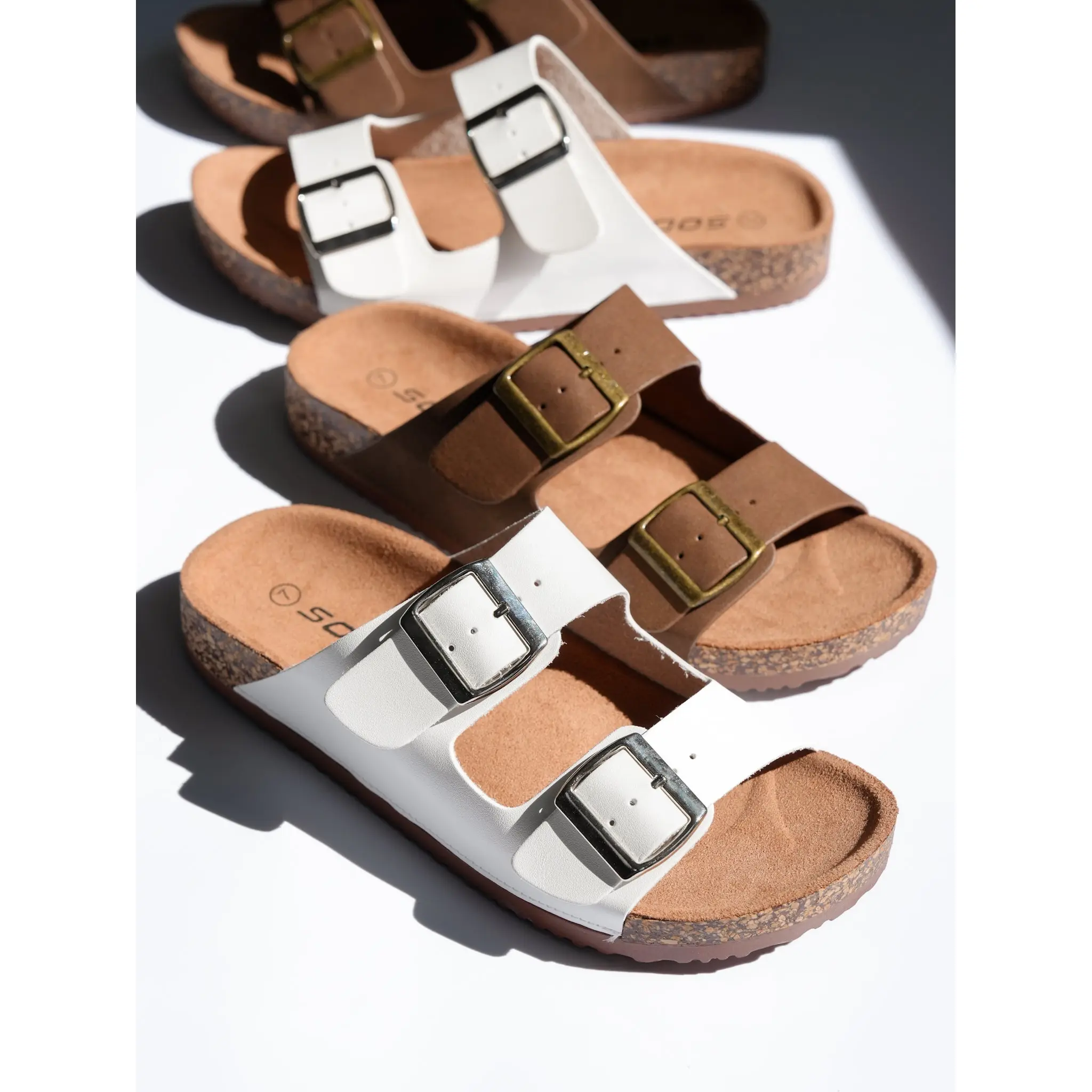 Double Buckle Cork Footbed Slide Sandal