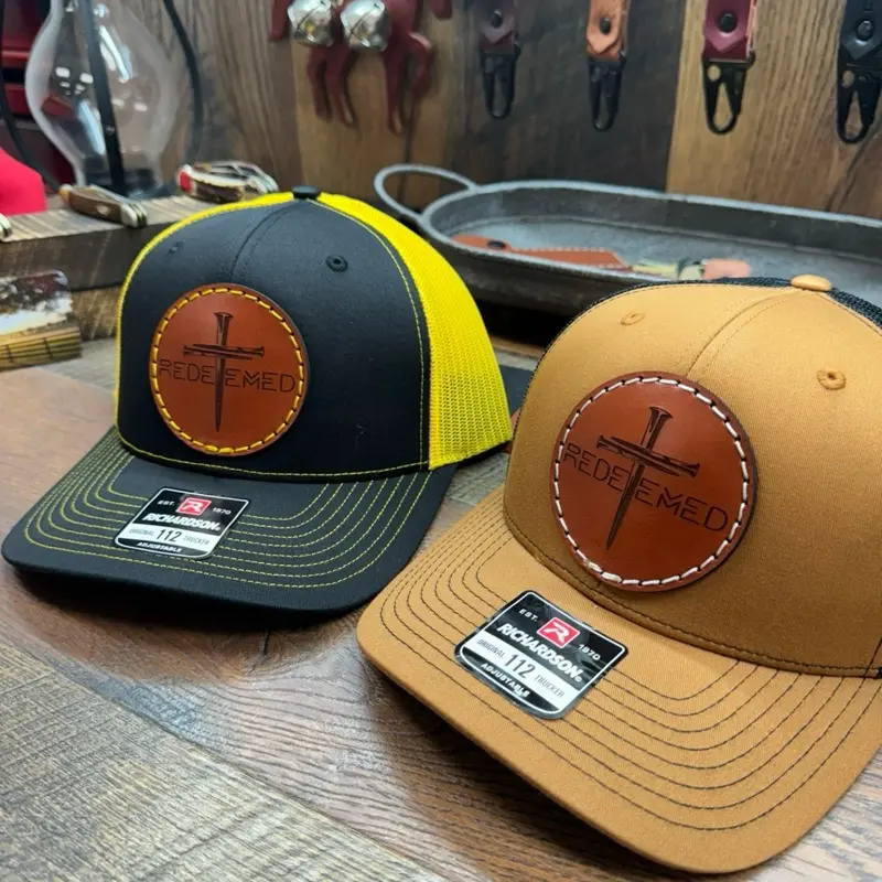 Redeemed leather Patch Hat, Cross Hat, Redemption Hat, Custom Leather Patch Hats, Working Man, Patch Hats, gift his Her, Dad Hat, Family, Grandpa Hat, Blue Collar, Country Hat, Trucker Hat