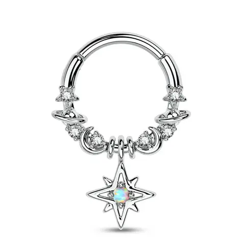OUFER BODY JEWELRY Septum Ring for Women 16G Hinged Segment - 316L Stainless Steel Star Moon Planet Dangle Nose Ring, Daily Wear Nose Piercing Jewelry, 8mm & 10mm ID Options