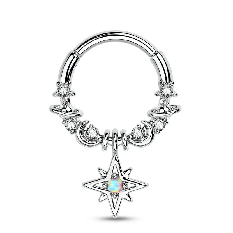 OUFER BODY JEWELRY Septum Ring for Women 16G Hinged Segment - 316L Stainless Steel Star Moon Planet Dangle Nose Ring, Daily Wear Nose Piercing Jewelry, 8mm & 10mm ID Options