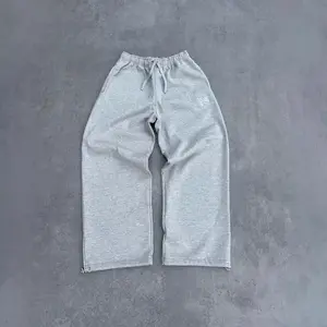 Cross-border trendy brand loose embroidery gray sweatpants men's and women's casual American retro fashion versatile sweatpants Beige Plain