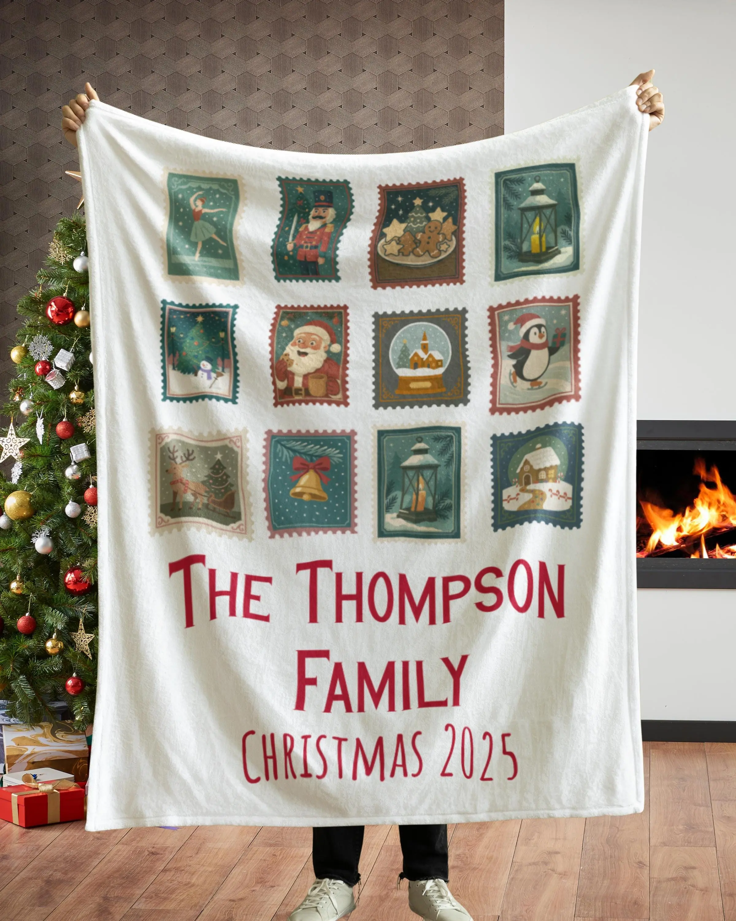 Personalized Christmas Stamp Blanket, Custom Vintage Christmas Throw, family christmas gift, Holiday Gift for Families & Grandparents - Christmas Gift, Decor