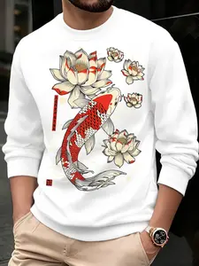 Men's Autumn Winter Japanese Koi Fish Lotus Print Hoodie, Traditional Calligraphy Design, Comfortable Fleece Lined, Streetwear Style