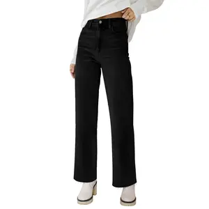 KDF Straight Leg Jeans for Women High Waisted Jeans Frayed Baggy Pants Raw Hem Loose Stretchy Cropped Wide Leg Jeans
