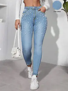 Yzara Ladies' pocket rhinestone straight leg slim fit jeans Womenswear Bottom Polyester Chic Elegant Middle Wash Mothersdaygift