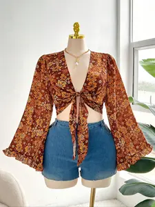 [Plus Size] Floral Print Crop Blouse, Shirts, Boho Bohemian Elegant Fitted Long Sleeve Top for Summer, Women's Clothes for Vacation Holiday