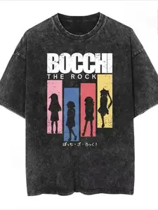 New Bocchi Rock Live Anime Retro Washed Pattern Street Wear Short Sleeve T-shirt, Men's and Women's Summer Casual Sports Loose and Comfortable Round Neck Short Sleeve Fashion Top