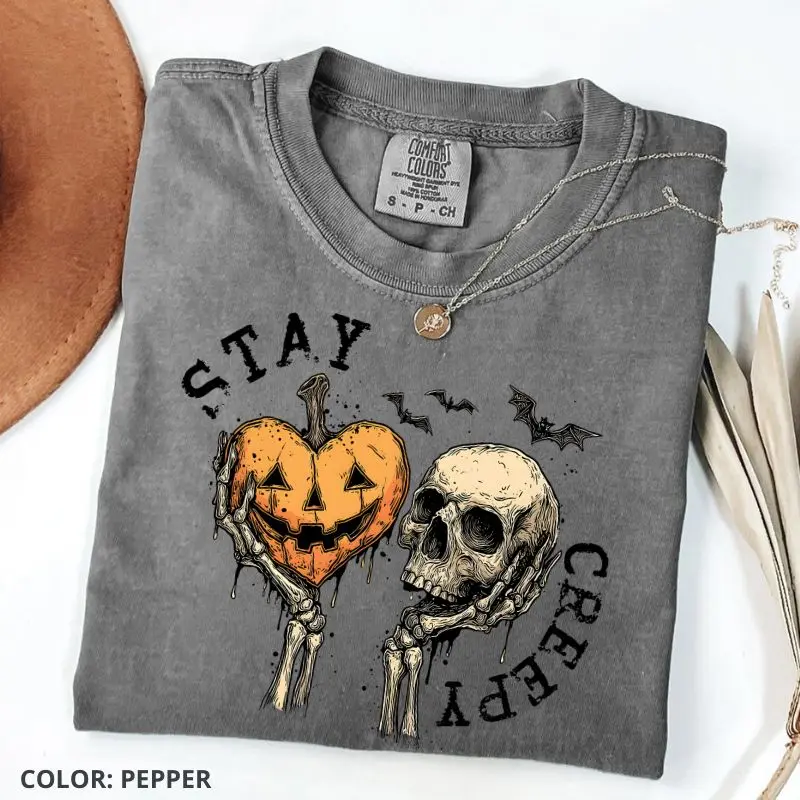 Comfort Colors Stay Creepy Halloween Shirt, Retro Dripping Skeleton Tee, Gothic Pumpkin Shirt, Spooky Season Graphic T-Shirt, Grunge Horror Apparel Gift For Women, Cotton Fablic